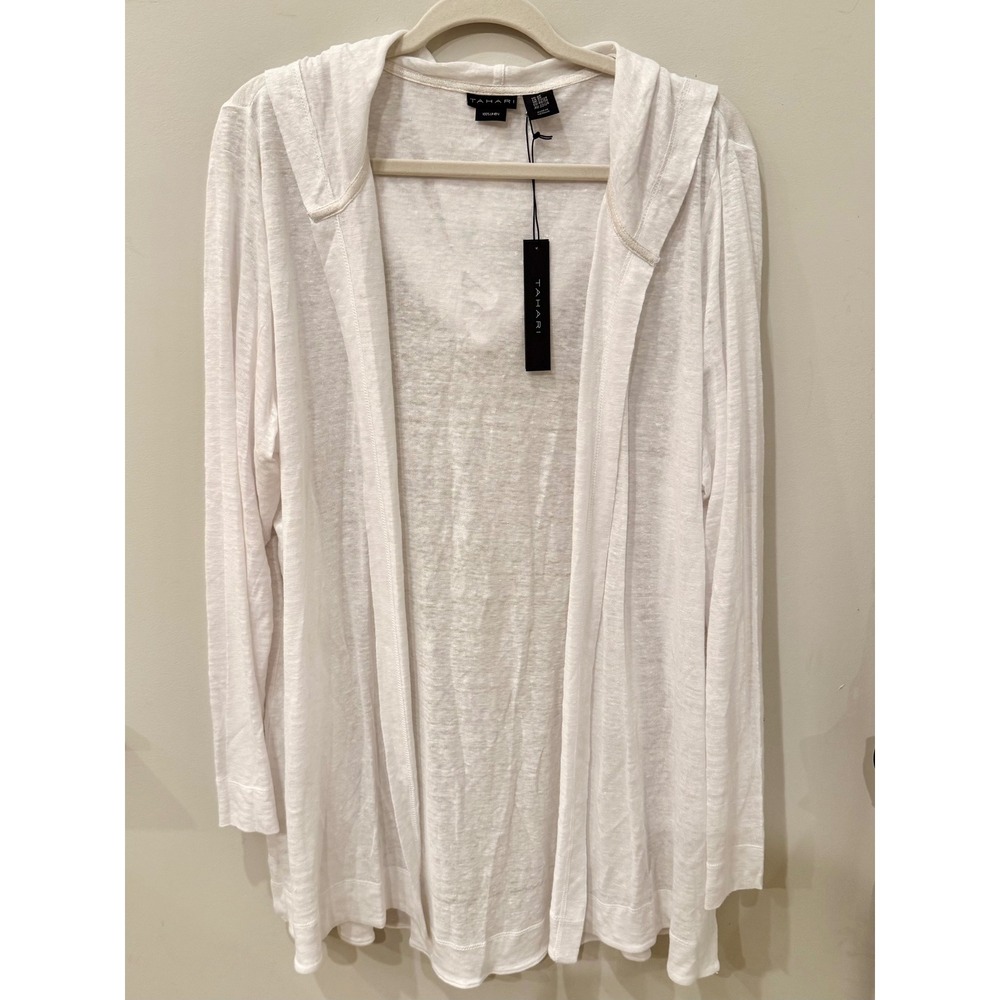 Tahari Women White 100% Linen Hooded Airy Cardigan NWT: 2X #QuietLuxury #Beachy
